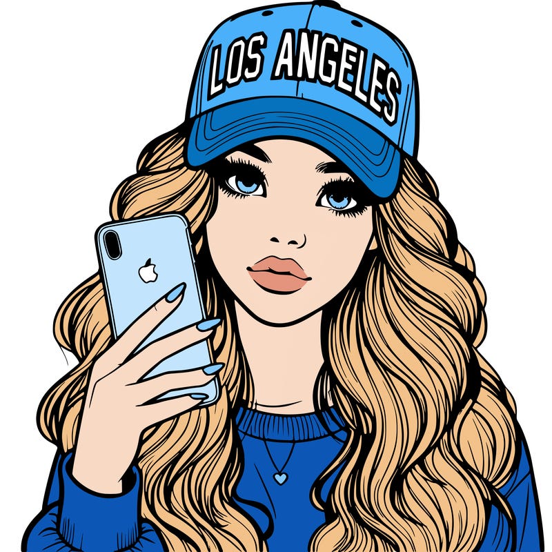 realistic beautiful girl wearing los ángeles cap holding an iphone
