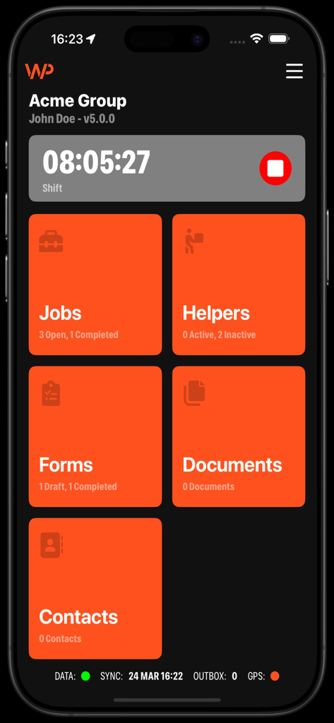 WorkPal - WorkPal mobile app dashboard showing shift timer and job tracking modules