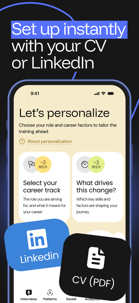 Pantalla de configuración en la aplicación Duos para personalizar trayectorias profesionales con importación de LinkedIn o CV