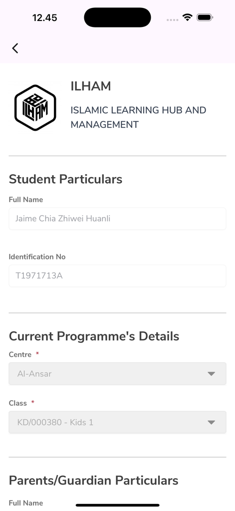 LittleLives for Parents - A digital form in the LittleLives for Parents app showing student particulars and school program details