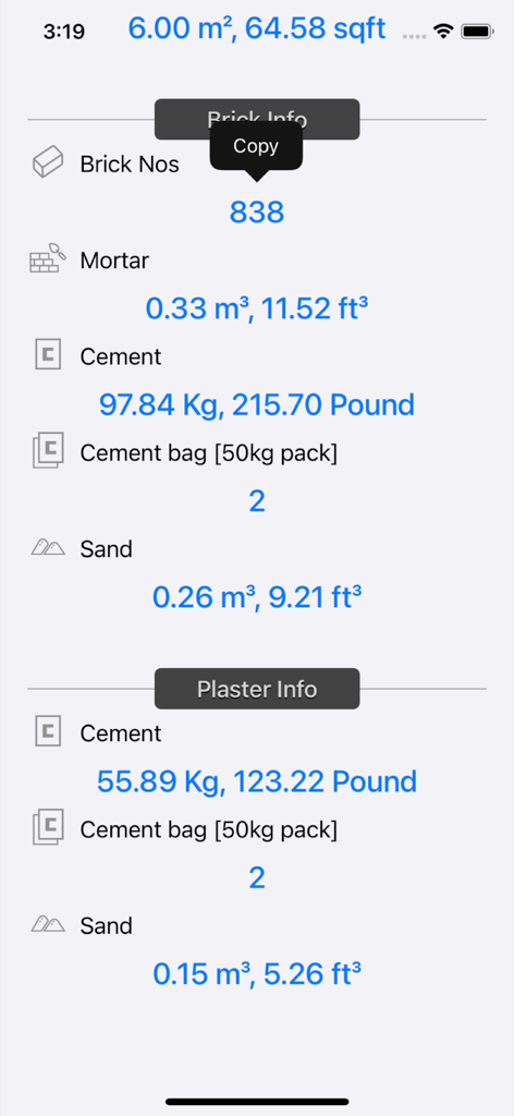 Brick and Plaster Calculator - Brick and plaster material estimation results