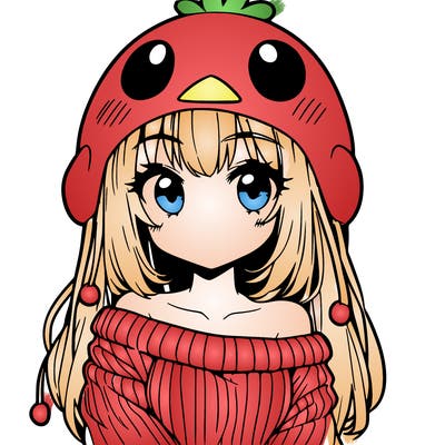 anime girl with chick shaped hat with sweater with bare shoulders with bangs covering them one eye with low tail