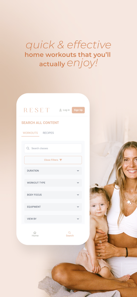 RESET By Caroline - Search screen in the RESET By Caroline app showing filters for quick and effective home workouts.