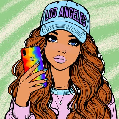 realistic beautiful girl wearing los ángeles cap holding an iphone