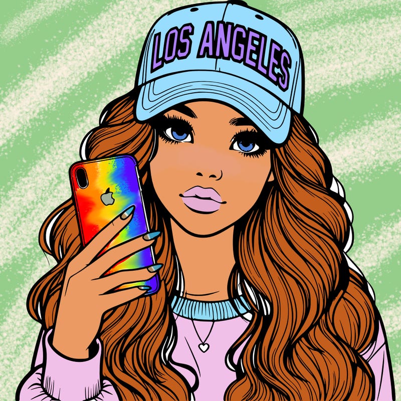 realistic beautiful girl wearing los ángeles cap holding an iphone
