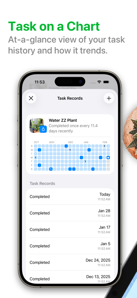 PlantPal: Plant Care - A mobile screen showing a task history chart and a list of completed watering records for a ZZ plant in the PlantPal app