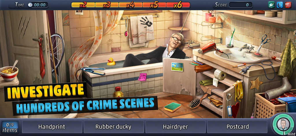 Hidden object gameplay in Criminal Case showing a bathroom crime scene investigation