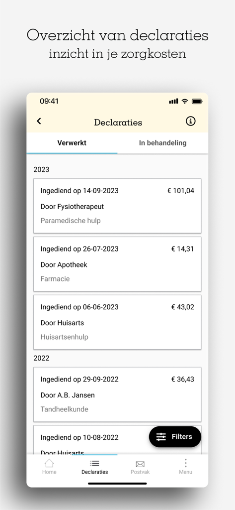 Una lista de reclamaciones de atención médica y gastos médicos procesados en la app móvil Zorg de ASR.