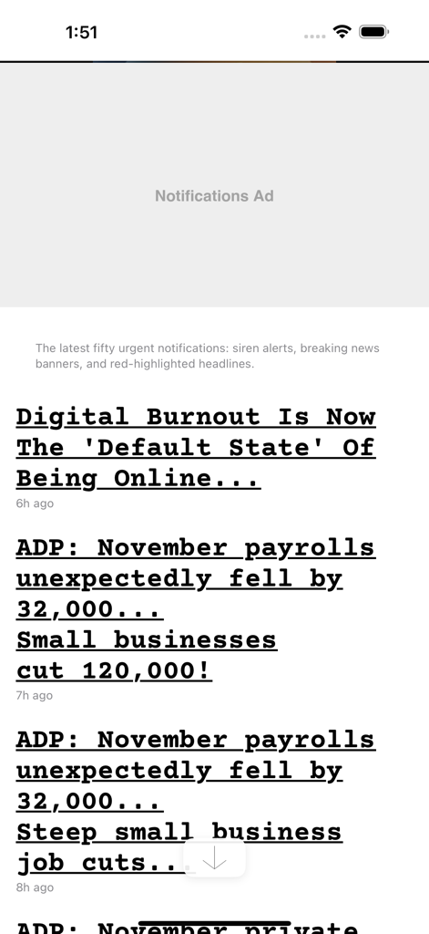 Drudge Report (Official) - Official Drudge Report app interface showing a list of news headlines in typewriter font on a white background.