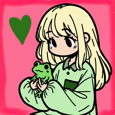 girl with long hair and a oversized shirt. and she is holding a frog