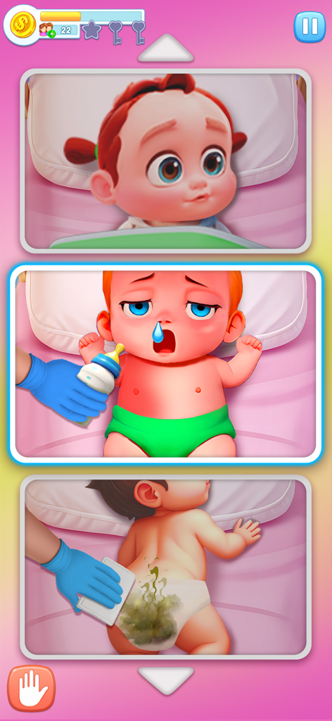 Happy Hospital ASMRのゲームプレイ画面。授乳やおむつ交換などの赤ちゃんのお世話タスクが表示されている