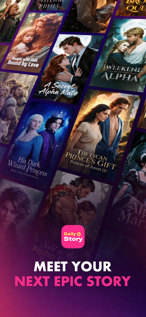 DailyStory - Stories & Dramas - Un collage de portadas de historias de drama romántico y de fantasía de la app DailyStory con varios tropos románticos.