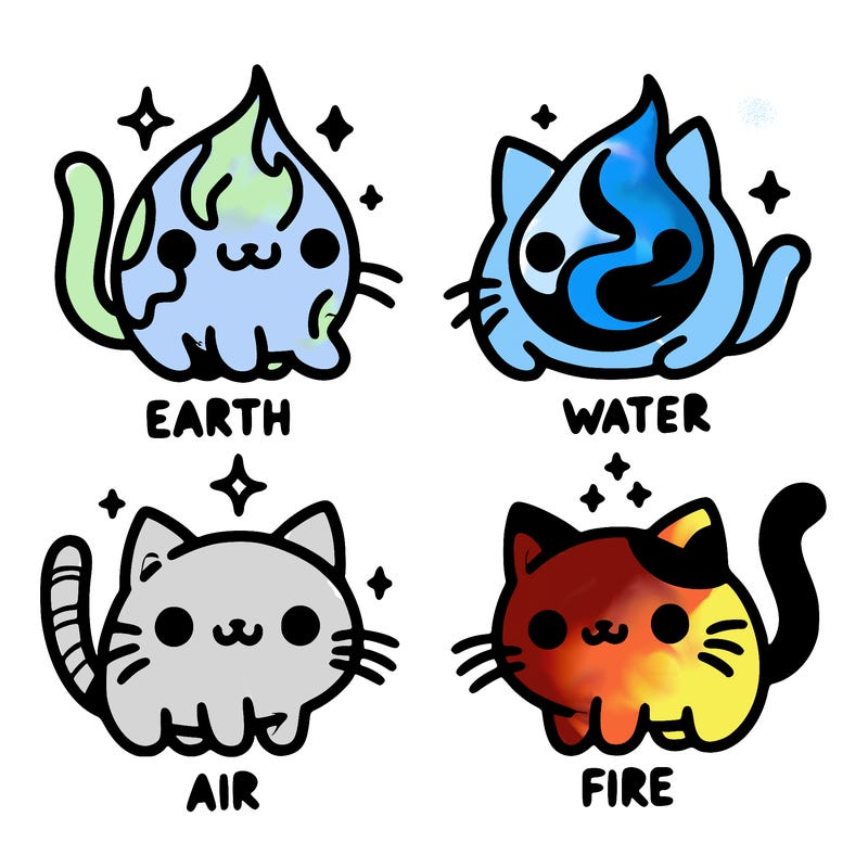 4 cats that represent the different elements, earth, water, air, and fire