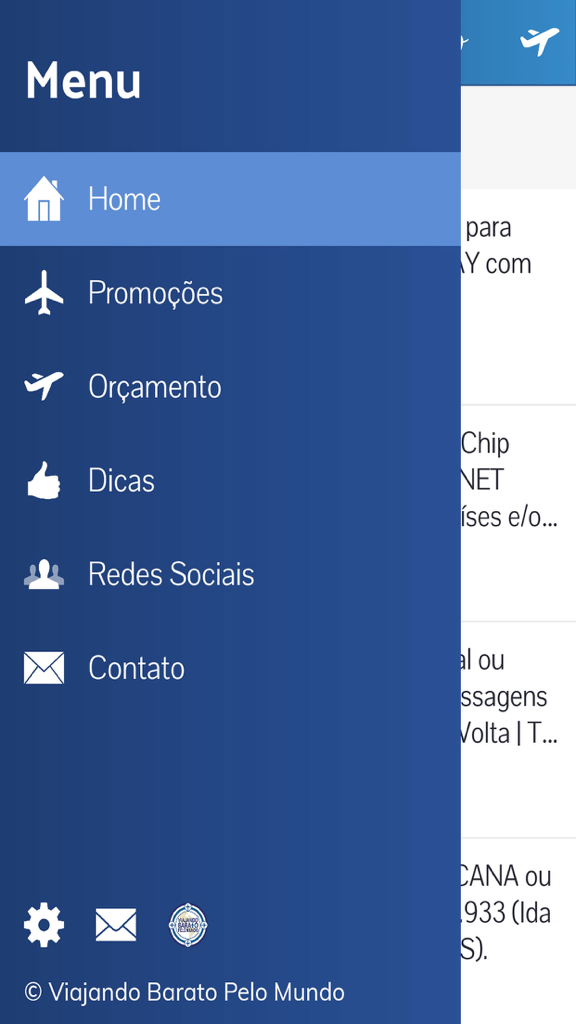 Viajando Barato Pelo Mundo - 포르투갈어로 된 Viajando Barato Pelo Mundo 여행 앱의 측면 탐색 사이드바