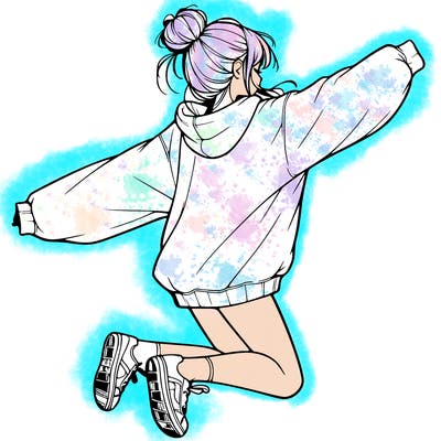 realistic girl jumping with a bun and oversized sweatshirt