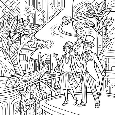 Step into a captivating scene where vintage fashion meets futuristic marvels. This engaging coloring page offers seniors a delightful journey through time, blending historical charm with sci-fi wonder.