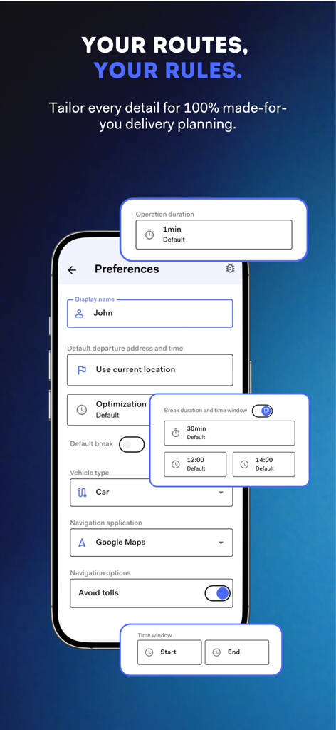 Laskar Route Planner - Laskar Route Planner preferences screen for tailoring delivery routes and navigation settings