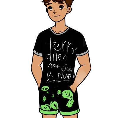 a adult boy with short hair in a t shirt and short