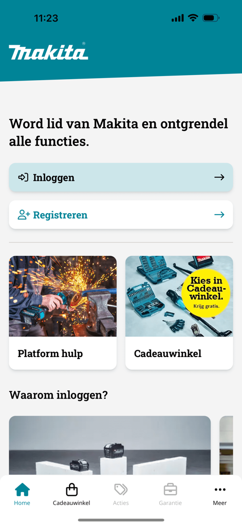 Welcome and login screen of the My Makita mobile app in Dutch showing registration buttons and gift shop tiles.