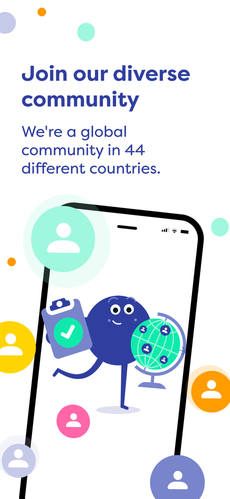 LifePoints – Paid Surveys App - LifePointsアプリのインターフェースには、44カ国で利用可能な多様なグローバルコミュニティとキャラクターイラストが表示されています