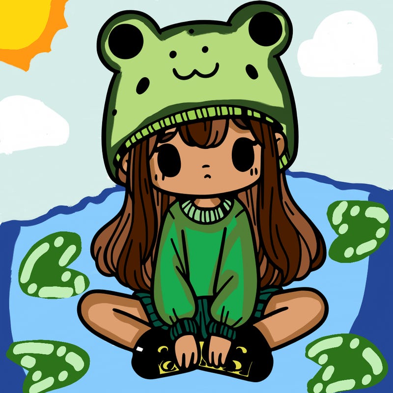 a girl wearing a frog hat and some frog socks