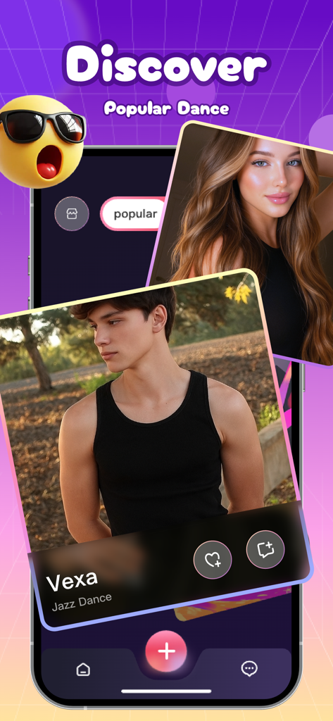 Cace: Live Joy Chat, Dance - Interface of the Cace app showing the Discover section with profiles of popular AI dance partners like Vexa for Jazz Dance.