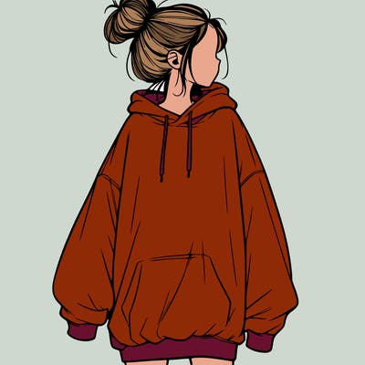 realistic girl with a oversized sweatshirt on and a bun