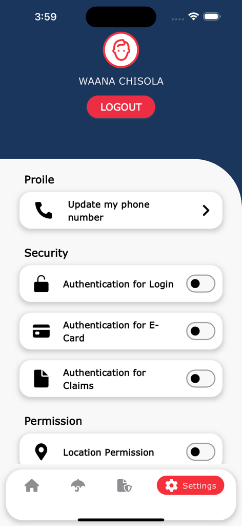 Prudential Insurance Zambia - Tela de configurações do aplicativo Prudential Insurance Zambia com gerenciamento de perfil e alternâncias de autenticação de segurança