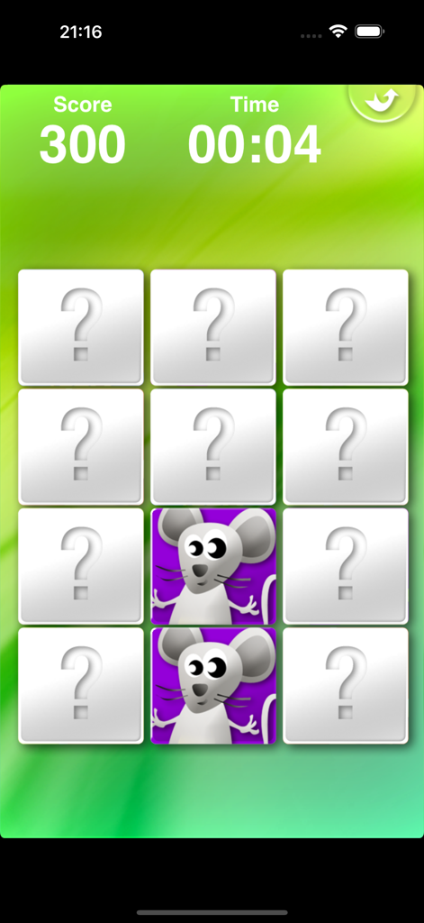 A memory matching game for kids with revealed cartoon mouse tiles
