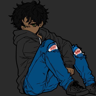 a male hoddie ripped jeans messy hair anime