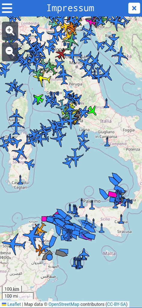 Radar Map - Real-time radar map displaying live aircraft and ship tracking across Italy and the Mediterranean Sea.