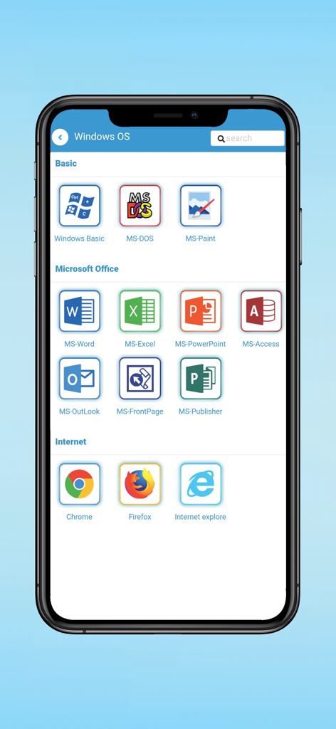 Learn keyboard Shortcut keys - Mobile app interface showing shortcut key categories for Windows OS, Microsoft Office, and web browsers like Chrome and Firefox.