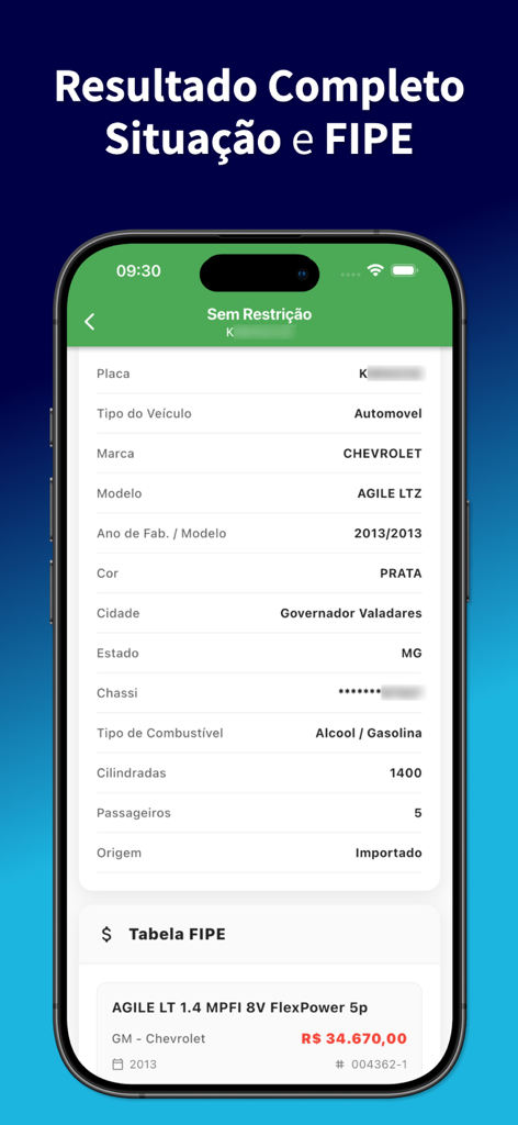 Consulta Placa Veículo e Fipe - Screenshot einer mobilen App, die detaillierte Fahrzeugspezifikationen und den FIPE-Marktwert für einen Chevrolet Agile anzeigt