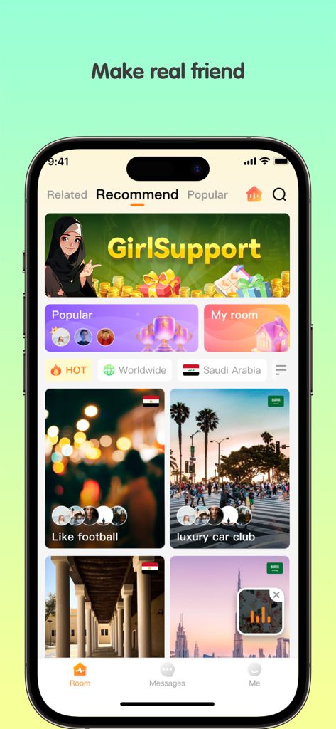 HaChat Toki - Interface de l'application mobile HaChat Toki affichant des salons de discussion vocale recommandés et des communautés sociales mondiales