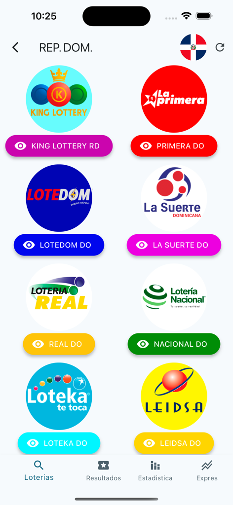 Loto Latina Resultados Loteria - Interfaz de la aplicación Loto Latina mostrando una lista de loterías oficiales de la República Dominicana, incluidas Lotería Real, Leidsa y Loteka.