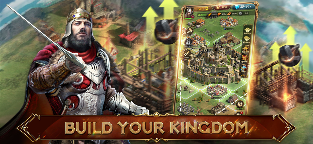 Rising: War for Dominion - Medieval king character standing next to a mobile screen displaying castle building gameplay and the text Build Your Kingdom
