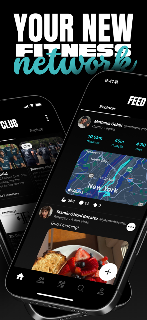 フィットネスのソーシャルフィード、ランニングマップ、食事追跡投稿を表示する Fitfolio アプリのインターフェース。