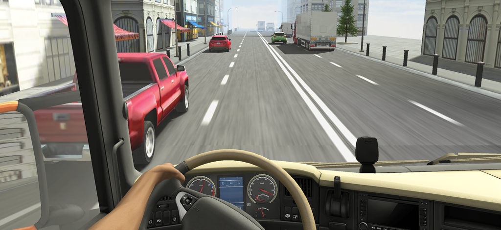 Truck Racer 3D - Vista de cockpit em primeira pessoa de um caminhão dirigindo pelo tráfego da cidade