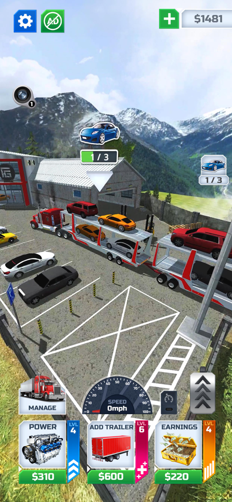 Truck Transport Simulator ! - A red truck loading cars onto a carrier trailer in a mountain setting with game UI