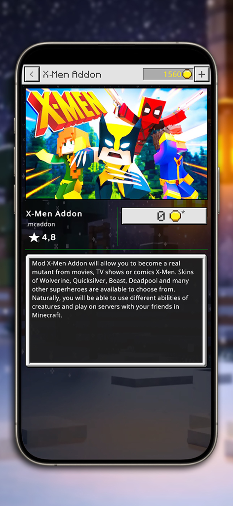Mods, Addons & Skins Hub - Screenshot of an X-Men superhero addon for Minecraft featuring Wolverine and Deadpool skins