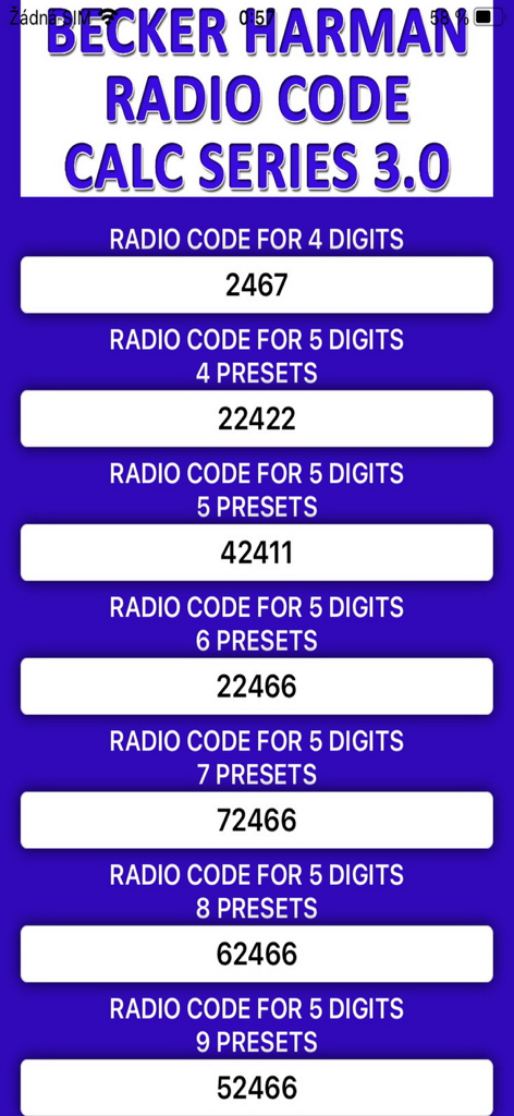 Interface of Becker Harman radio code calculator showing generated unlock codes for 4 and 5 digit car radios