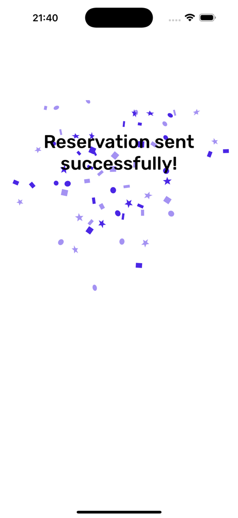 SHIFT world of transportation - Confirmation screen in the SHIFT app showing a Reservation sent successfully message with purple confetti decoration.