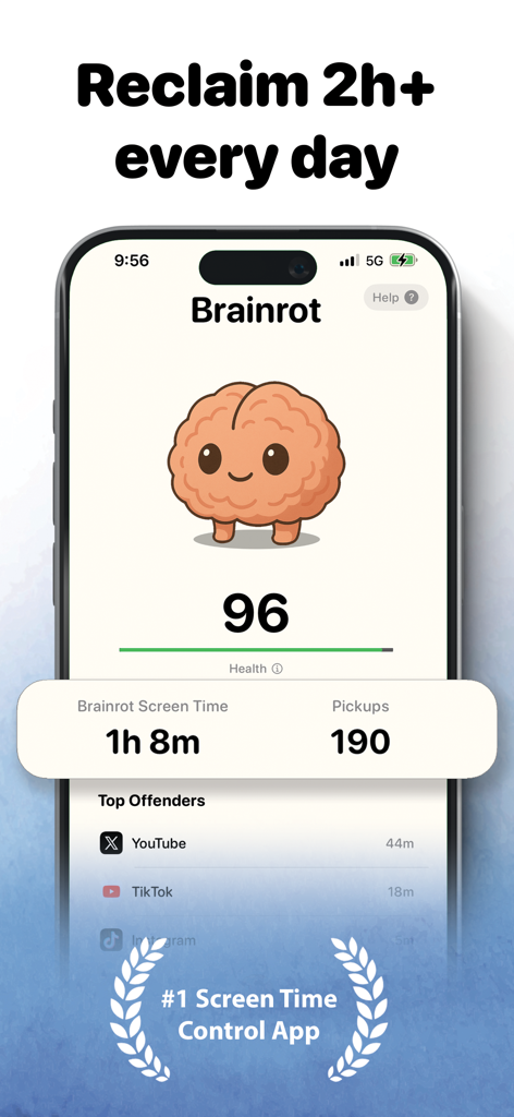 Dashboard of the Brainrot app displaying screen time usage statistics and a cute brain character.