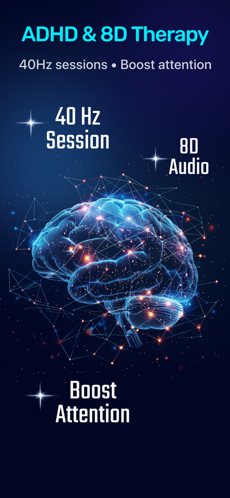 ADHD 및 집중력 향상을 위한 8D 오디오 및 40Hz 세션을 보여주는 디지털 뇌 시각화