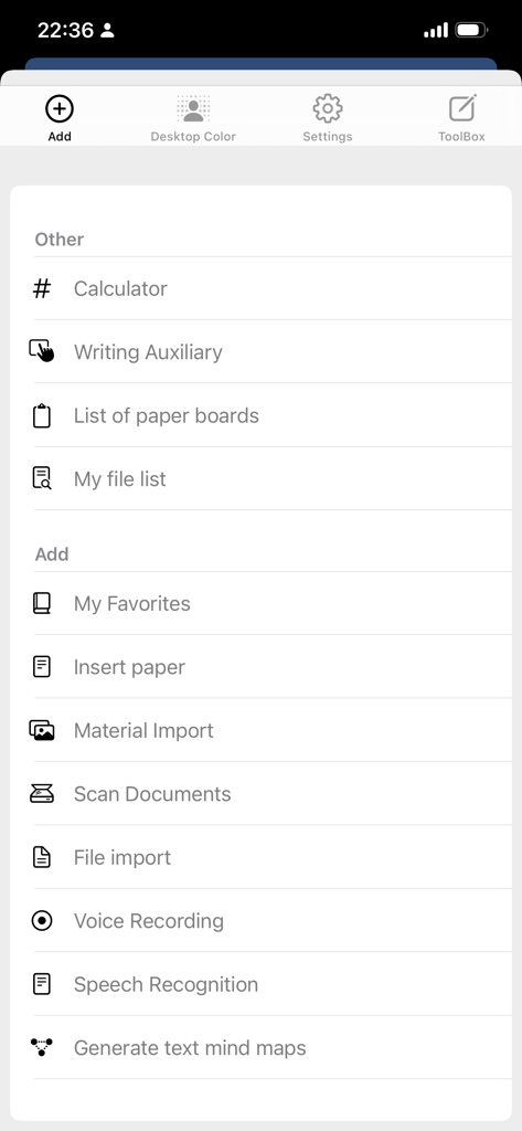 Paintwork - Infinite Notebook - Productivity tools menu in Paintwork app showcasing scanner and voice recording options
