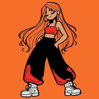 girl in baggy pants crop top and long hair