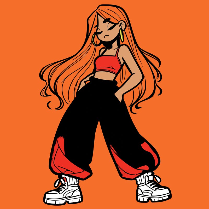 girl in baggy pants crop top and long hair