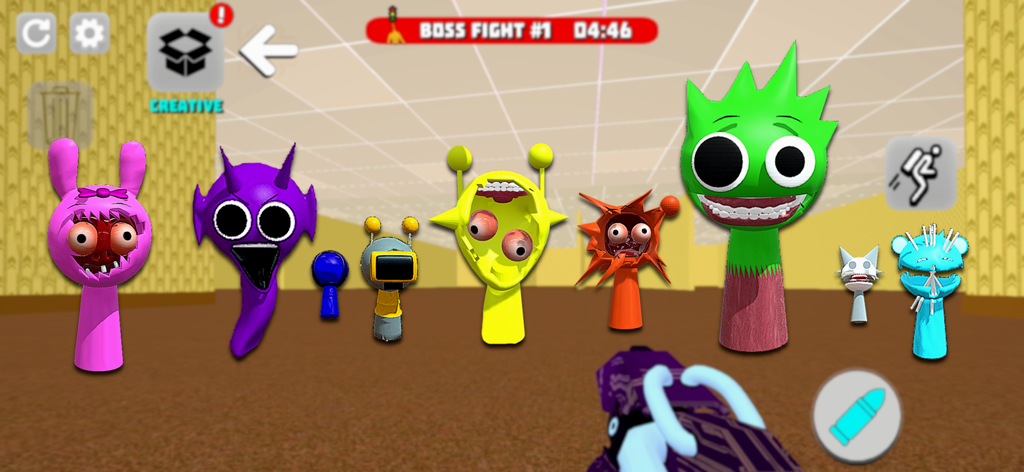 A group of colorful 3D monsters standing in a sandbox playground during a boss fight