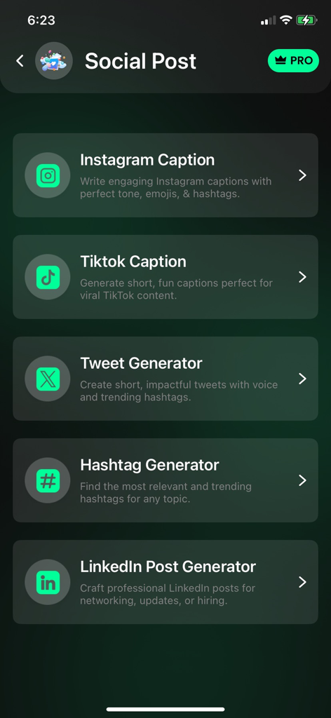 A menu showing AI social media content generation options like Instagram captions TikTok captions and LinkedIn posts