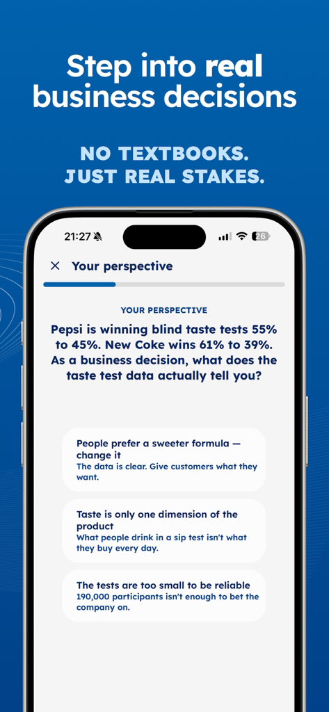 Empirio: Learn Business - A smartphone showing the Empirio app interface with a business case study about Pepsi and Coke blind taste test results.